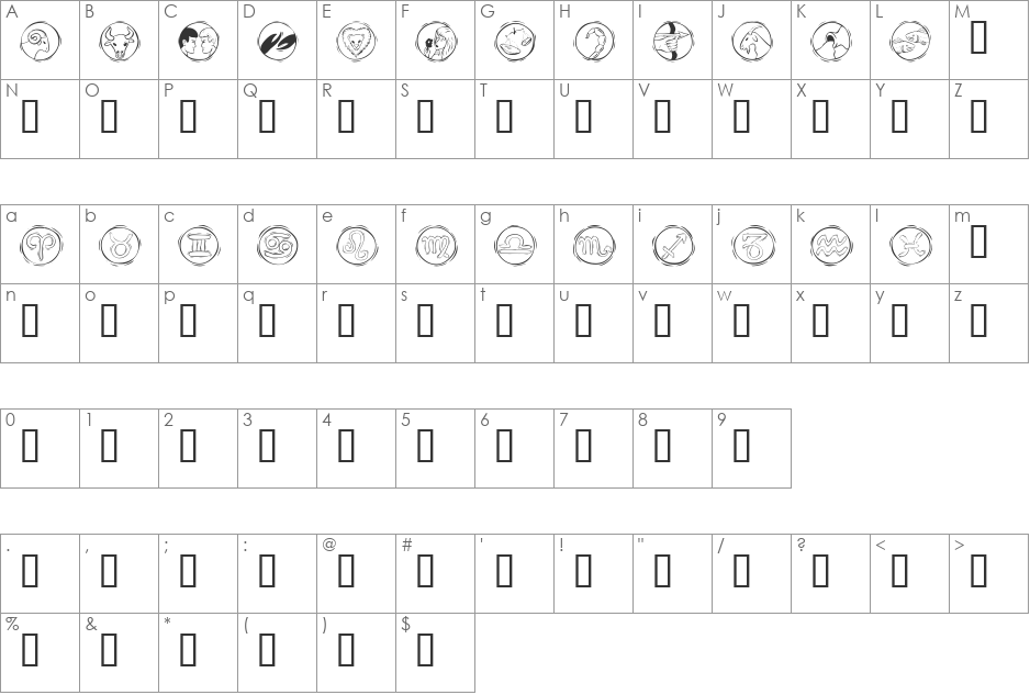 KR Astro 2 font character map preview