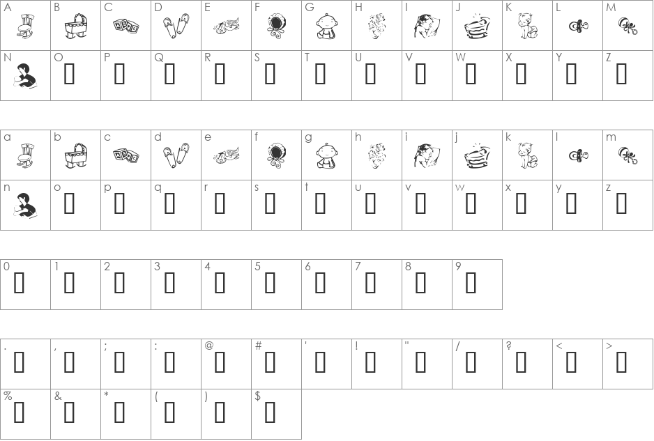 KR Baby Love font character map preview