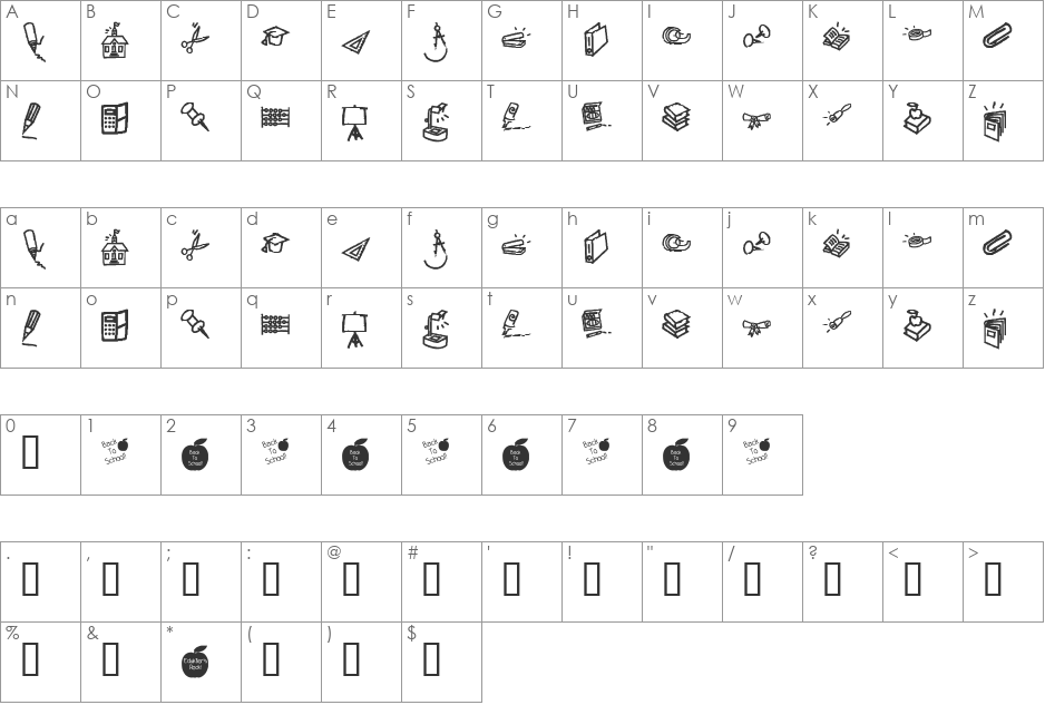 KR Back To School Dings font character map preview