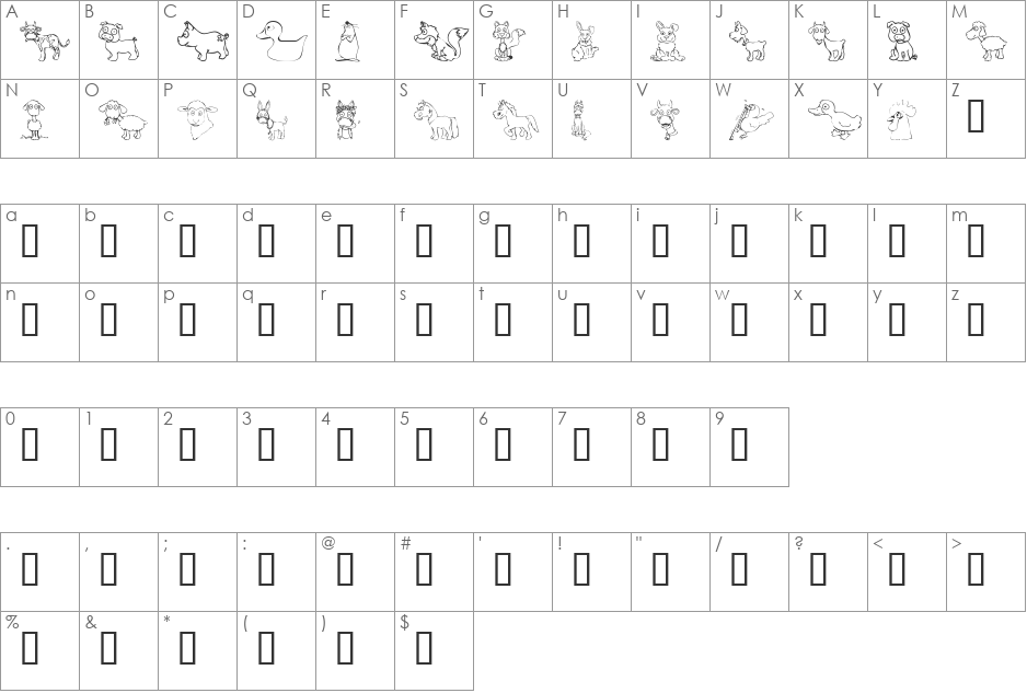 KR Barnyard Scraps font character map preview