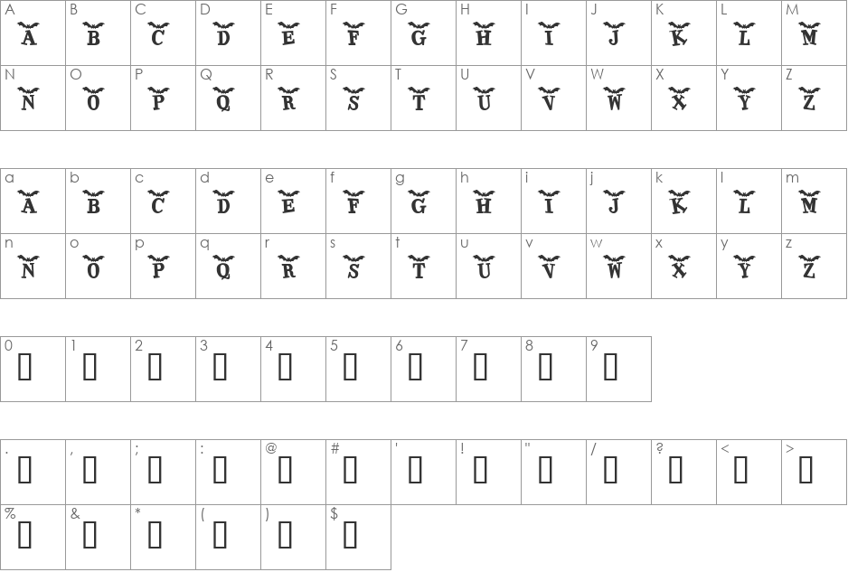 KR Batty font character map preview