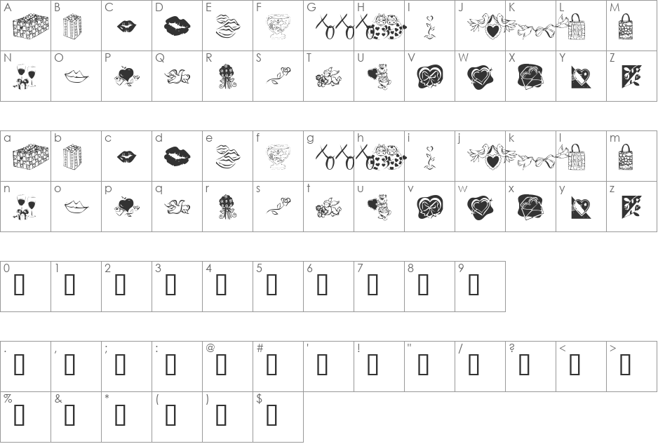 KR Be Mine Forever font character map preview