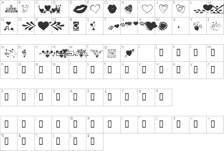 KR Be Mine More font character map preview