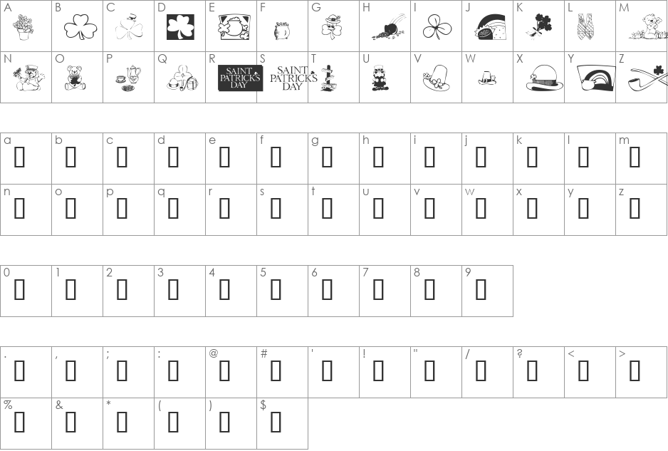 KR Belated St Patricks font character map preview