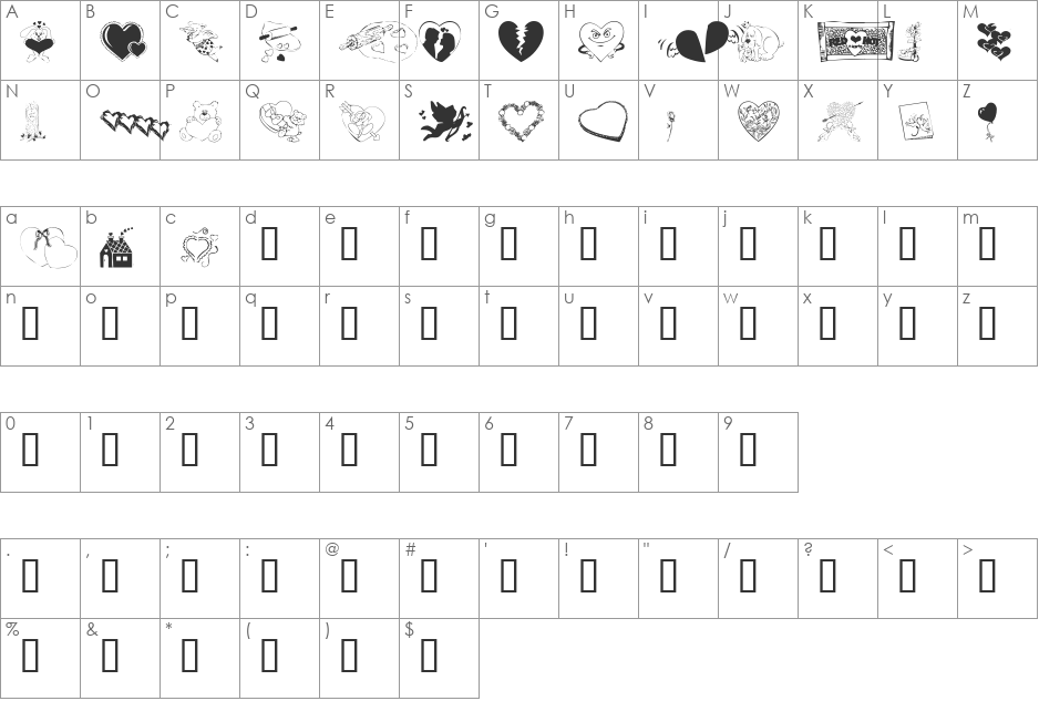 KR Belated Valentine font character map preview