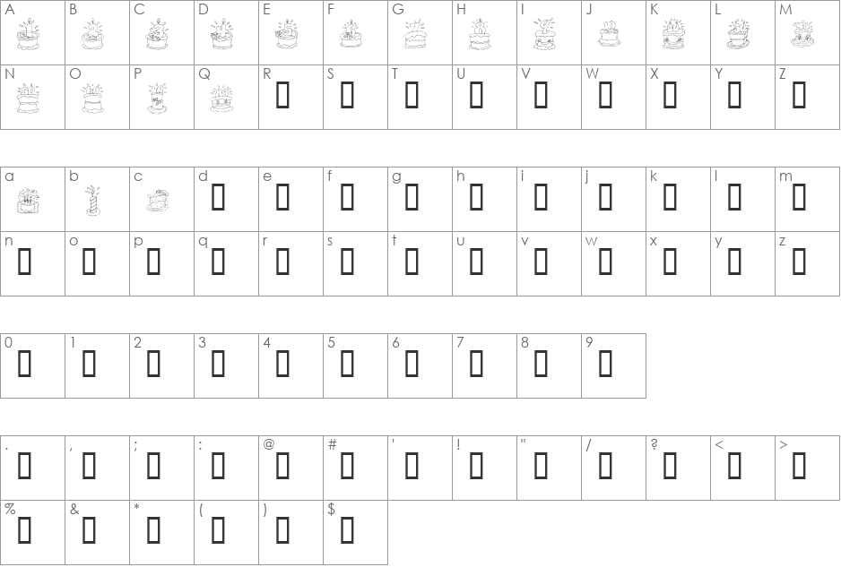KR Birthday Cake! Dings font character map preview
