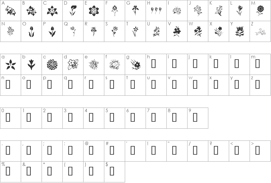 KR Blossoms 1 font character map preview