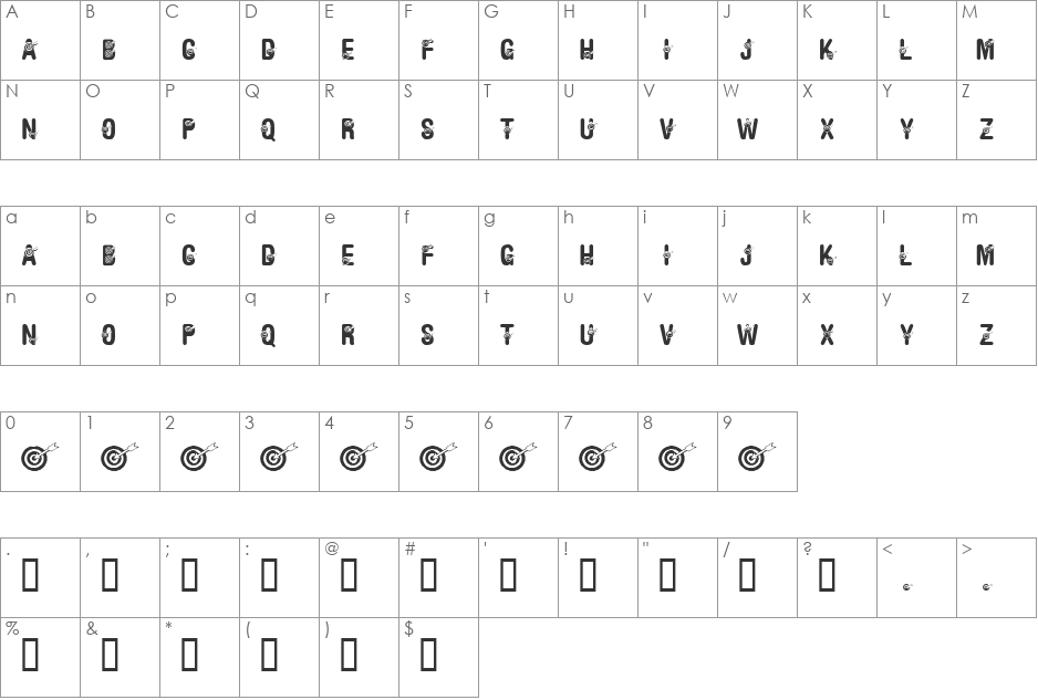 KR Bullseye! font character map preview