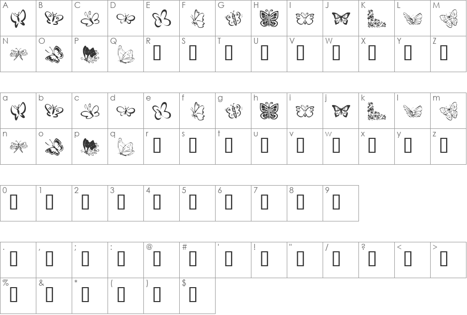 KR Butterflies font character map preview