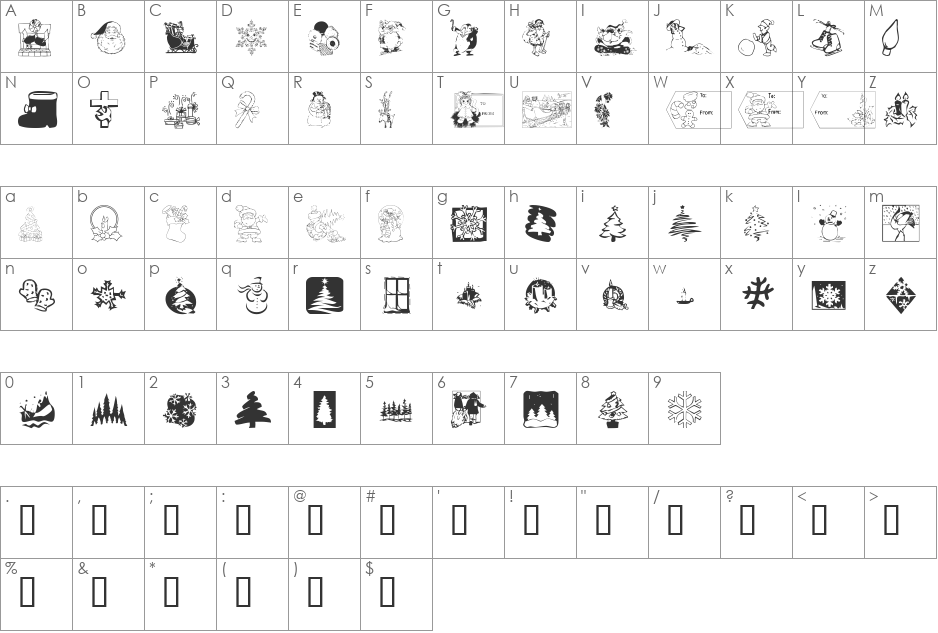 KR Christmas 2001 font character map preview