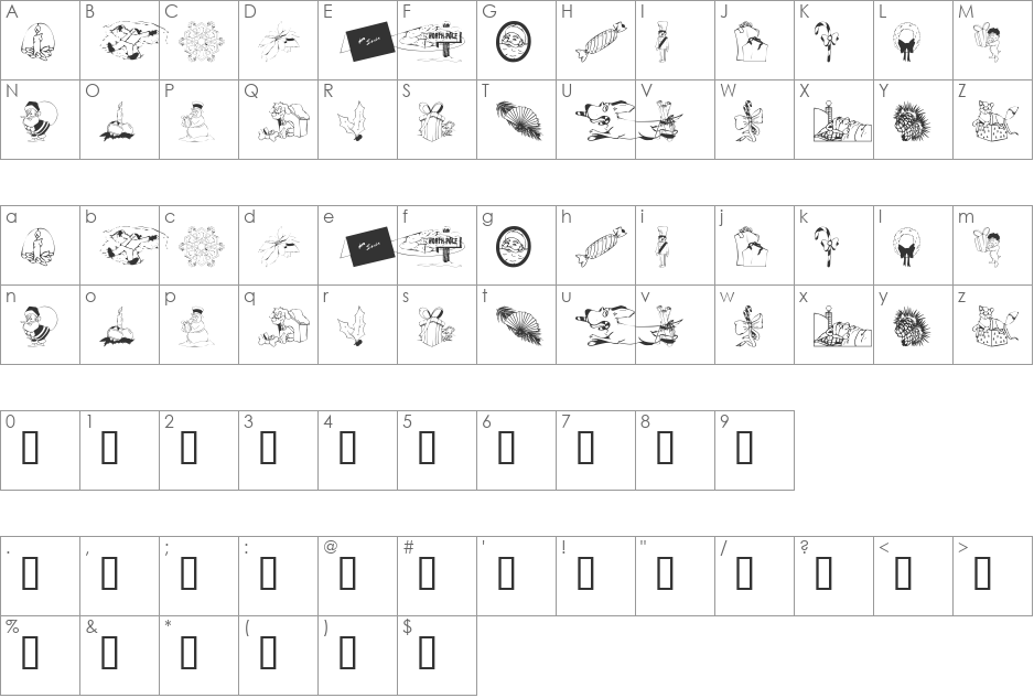 KR Christmas 2002 Dings 4 font character map preview