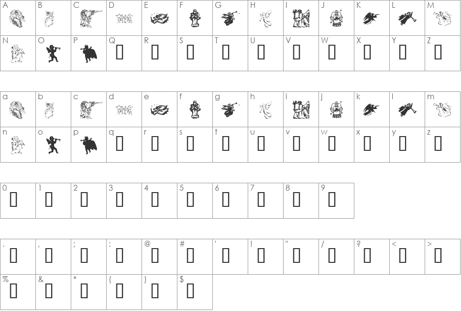 KR Christmas Angels font character map preview