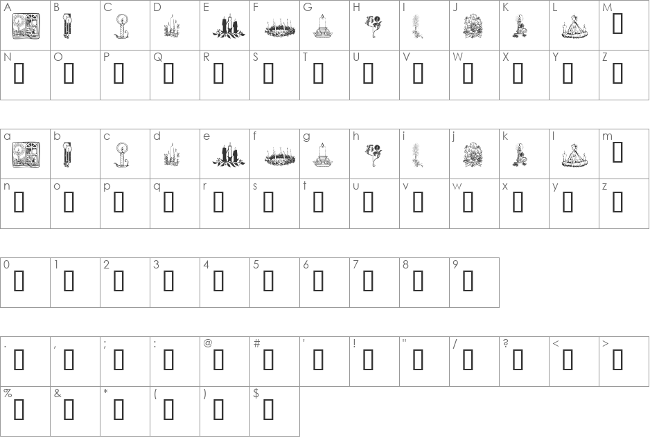 KR Christmas Candles font character map preview