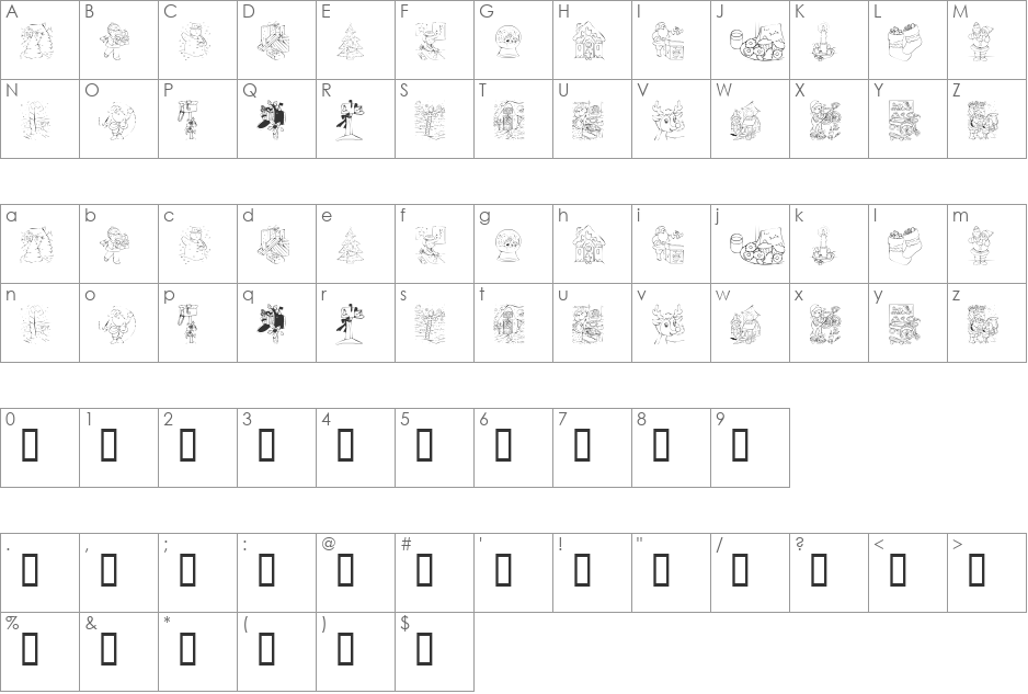 KR Color Me Christmas 2002 font character map preview