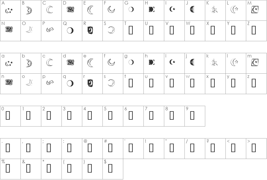 KR Crescent Moons font character map preview