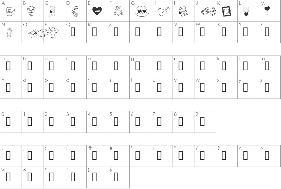 KR Cuori Divertenti 4 font character map preview