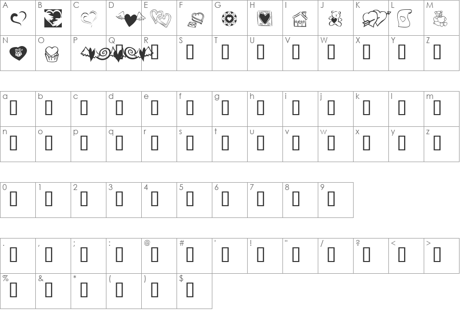 KR Cuori Divertenti 5 font character map preview