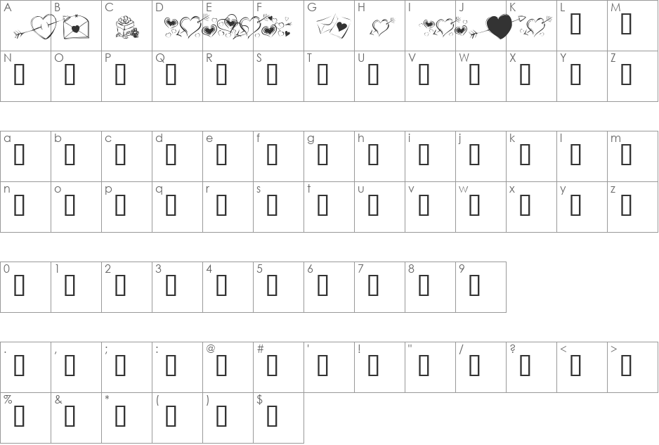 KR Cuori Divertenti 7 font character map preview
