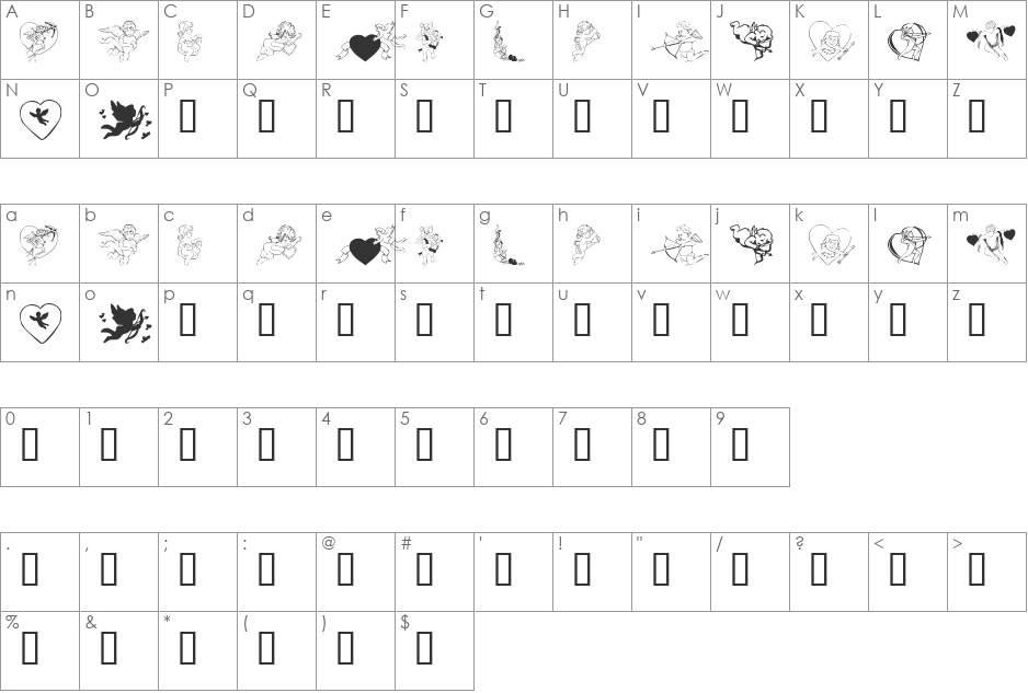 KR Cupids font character map preview