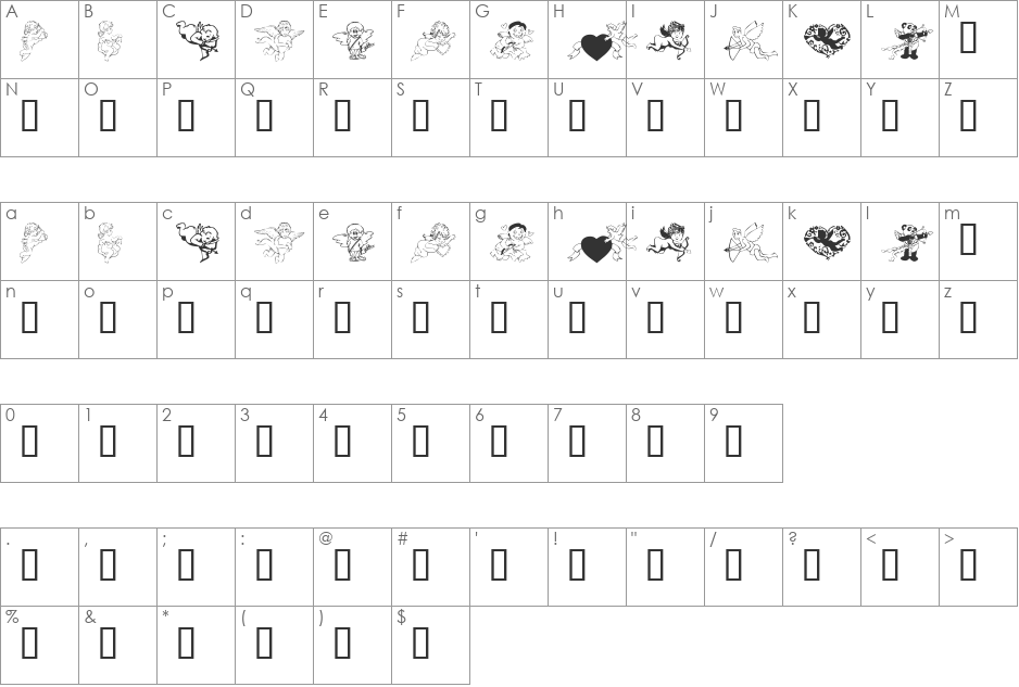 KR Cupids 2003 font character map preview