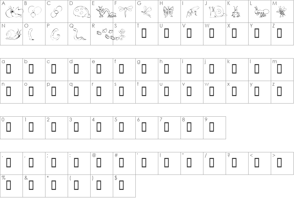 KR Cute As A Bug font character map preview
