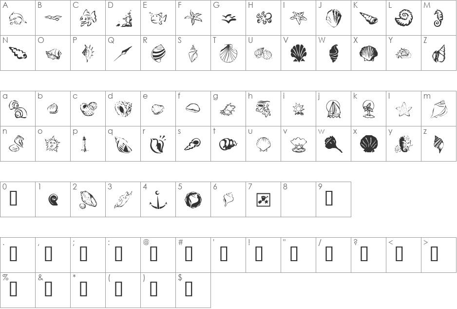 KR Down By The Sea font character map preview