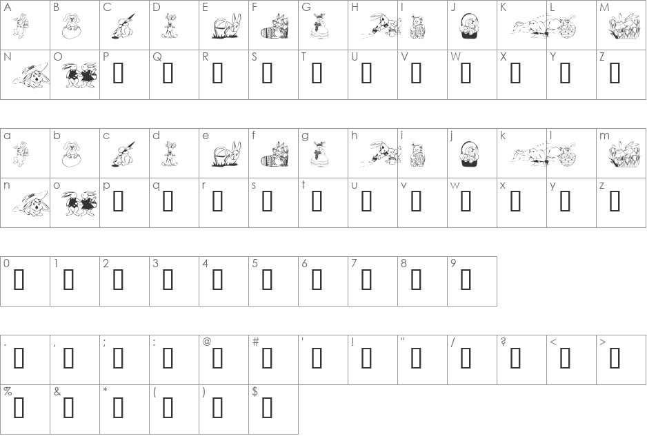 KR Easter Bunnies font character map preview