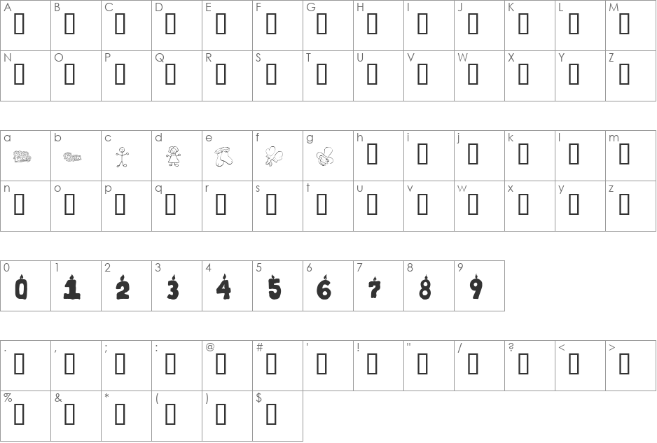 KR First Years Dings font character map preview