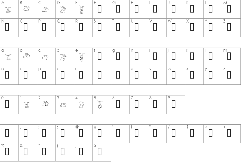 KR Five Bunnies font character map preview