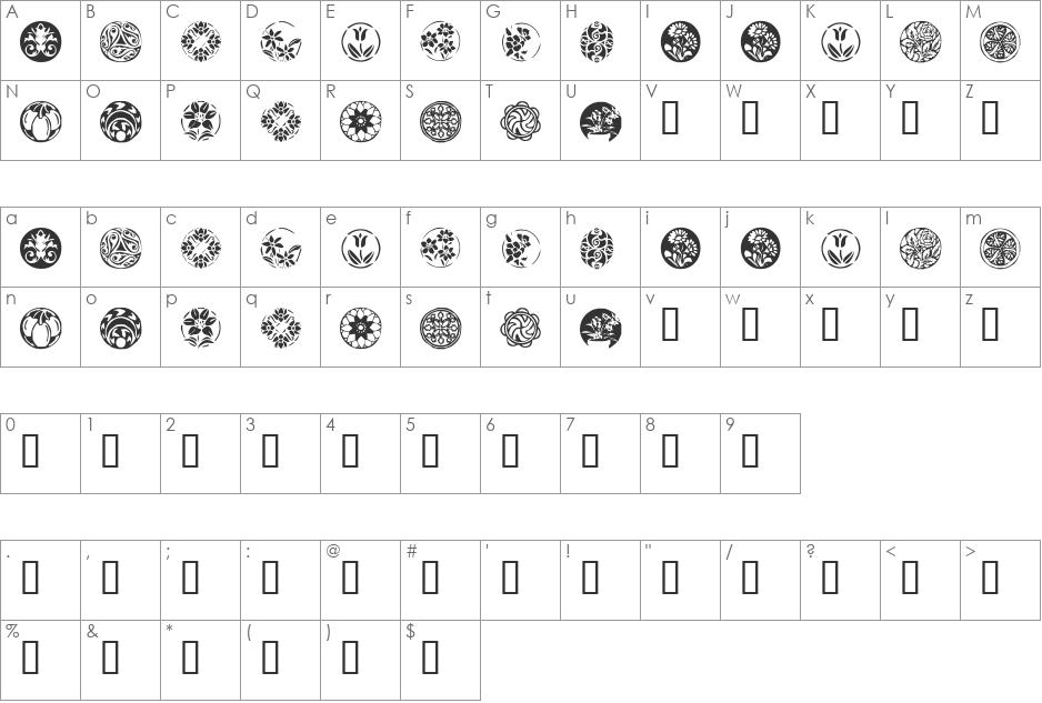 KR Fleurish Circle font character map preview