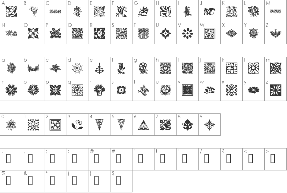 KR Fleurish Floral font character map preview