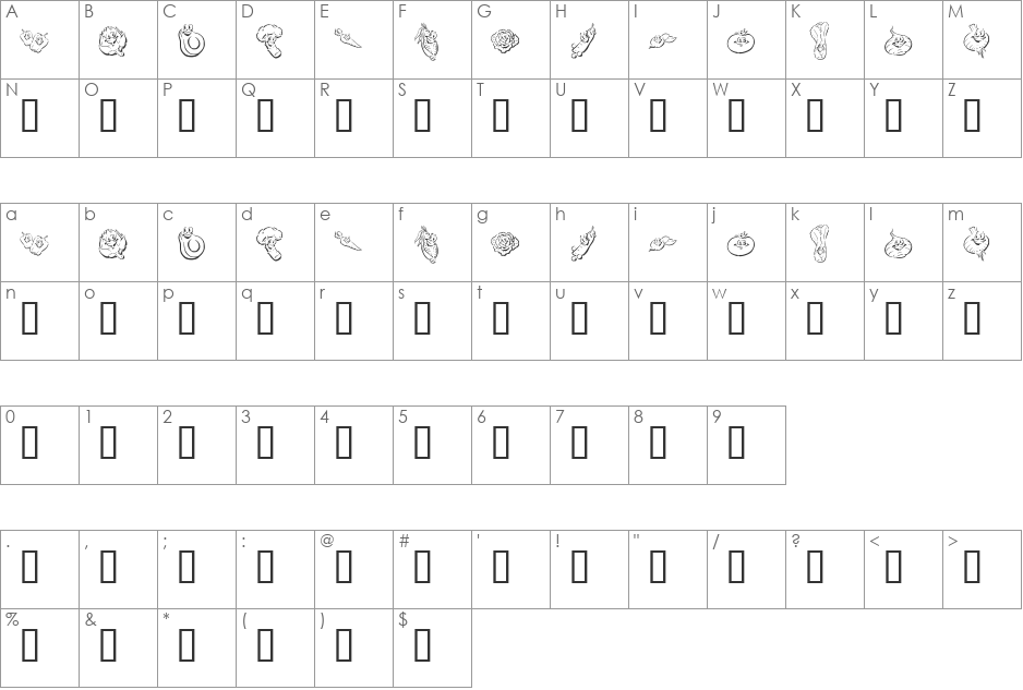 KR Happy Veggies! font character map preview