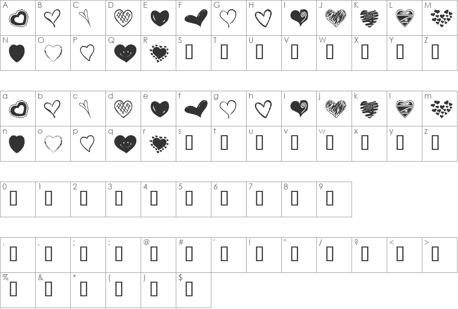KR Heartalicious font character map preview
