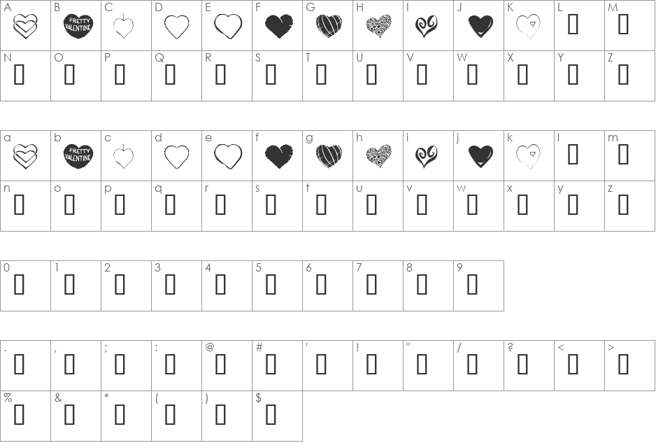 KR Heartfelt font character map preview