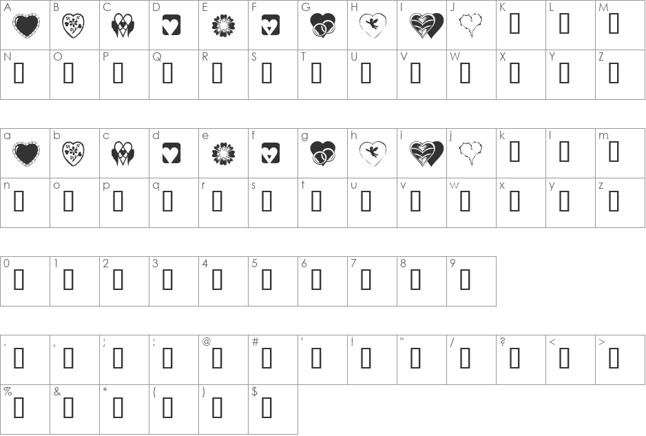KR Heartiness font character map preview