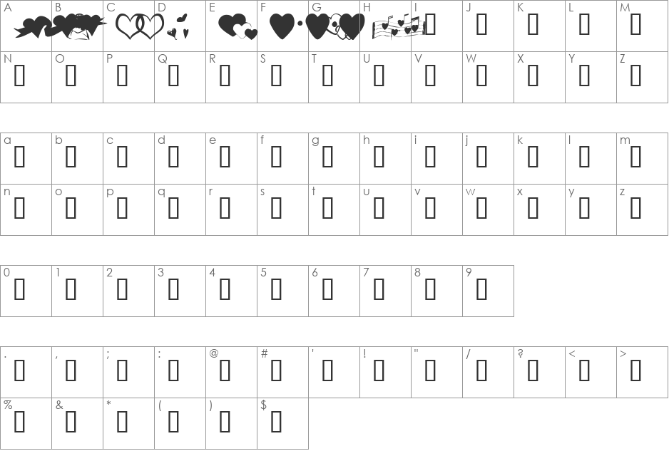 KR Hearts Along font character map preview