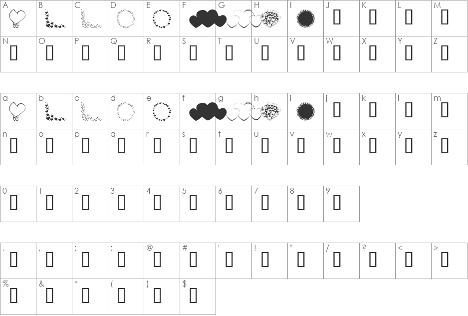 KR Hearts Galore font character map preview