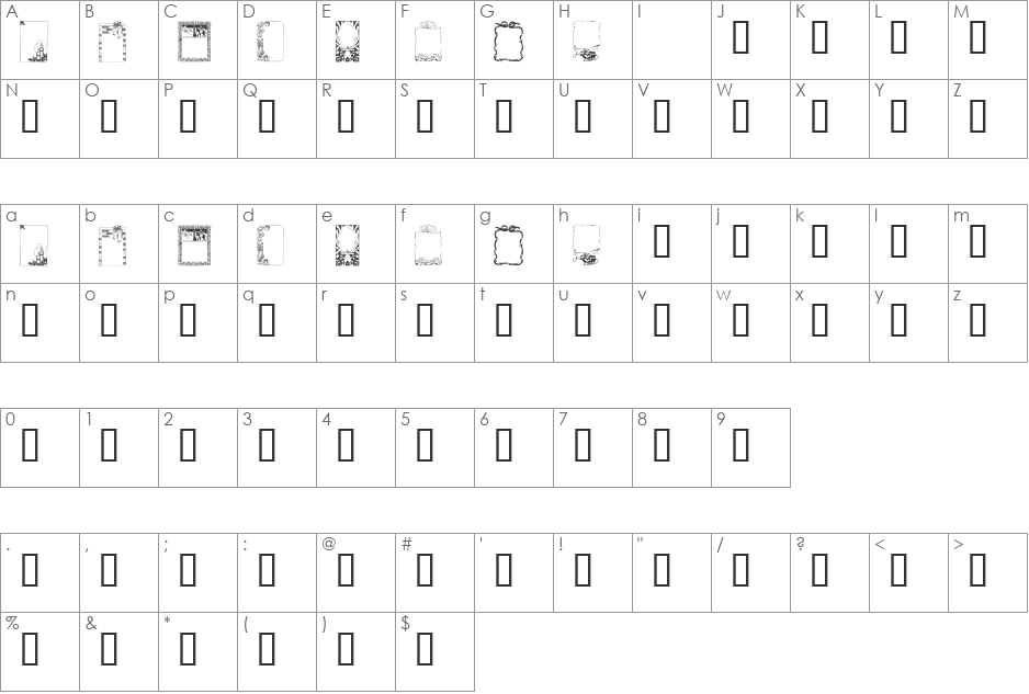 KR Holiday Frames 1 font character map preview