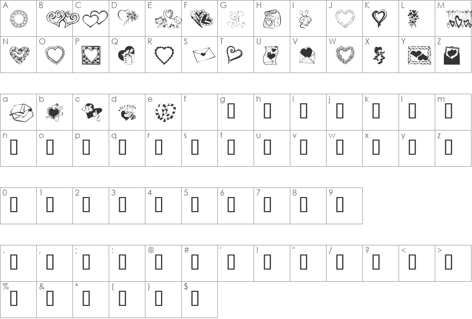 KR Kat's Got A New Valentine font character map preview