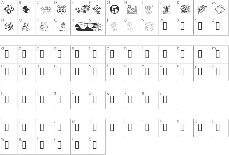 KR Katlings Fifteen font character map preview