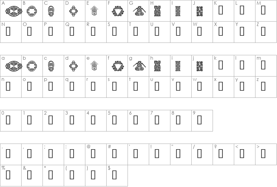 KR Keltic Five font character map preview