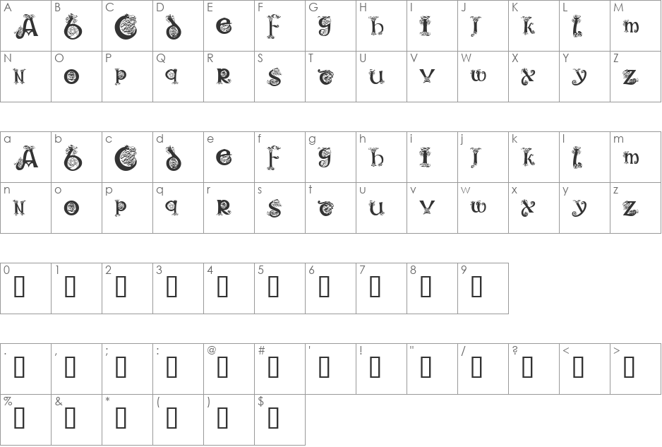 KR Keltic One font character map preview