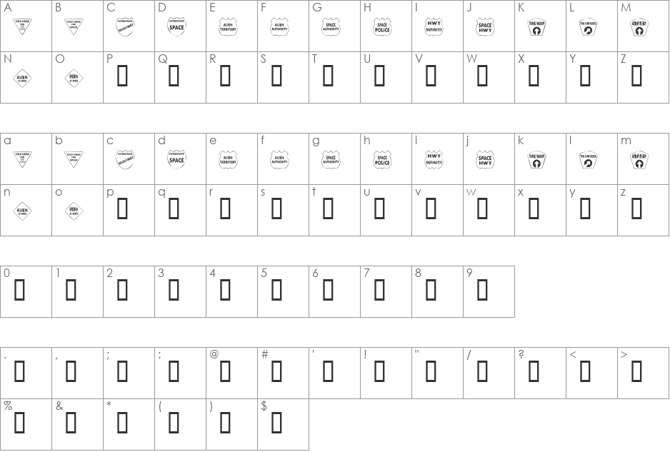 KR Kinda Spacey font character map preview