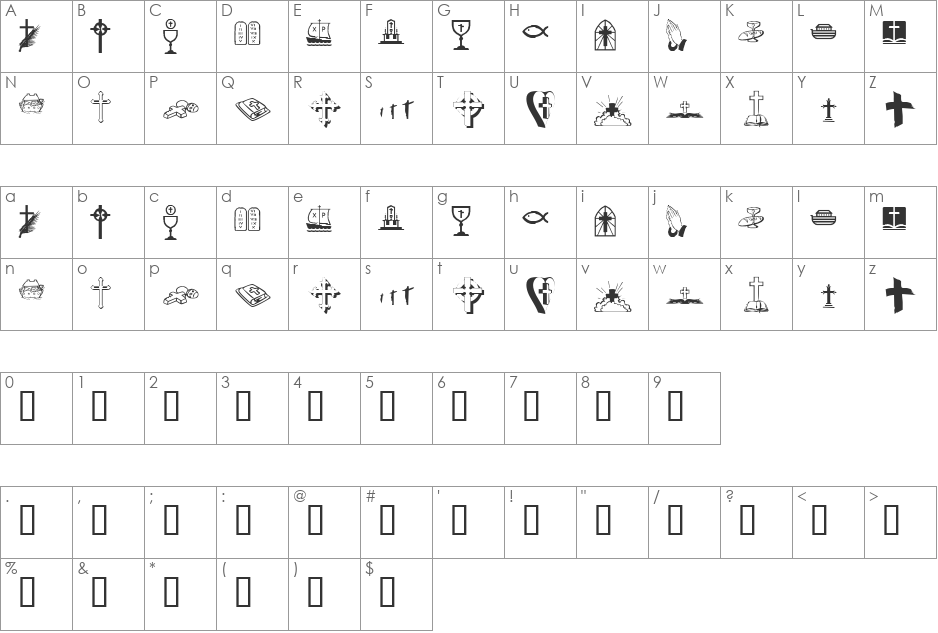 KR Lynda's Christian Dings font character map preview