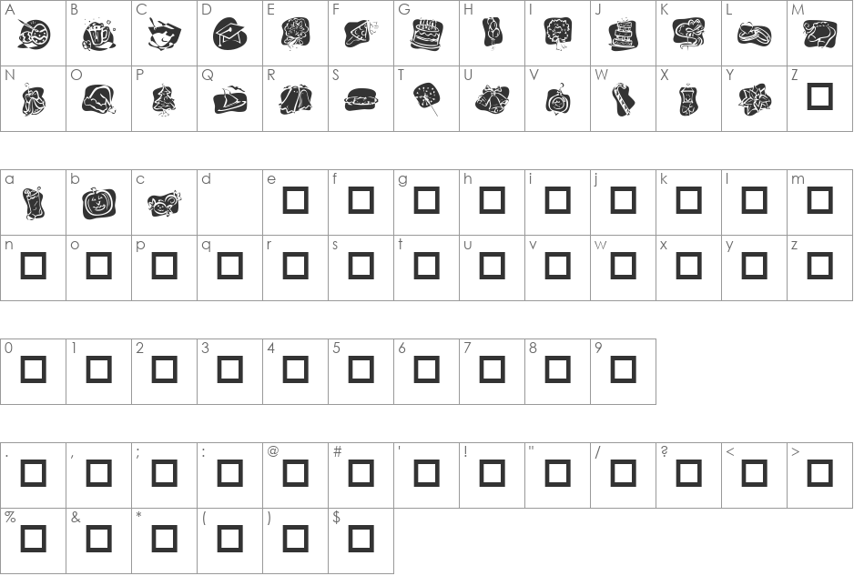 KR More Holidays font character map preview