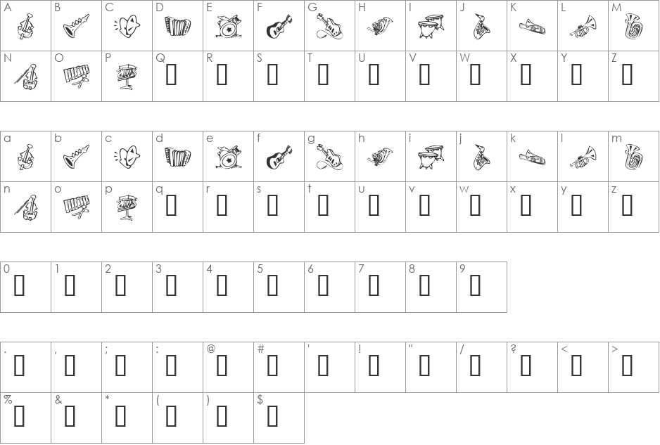 KR Music Class font character map preview