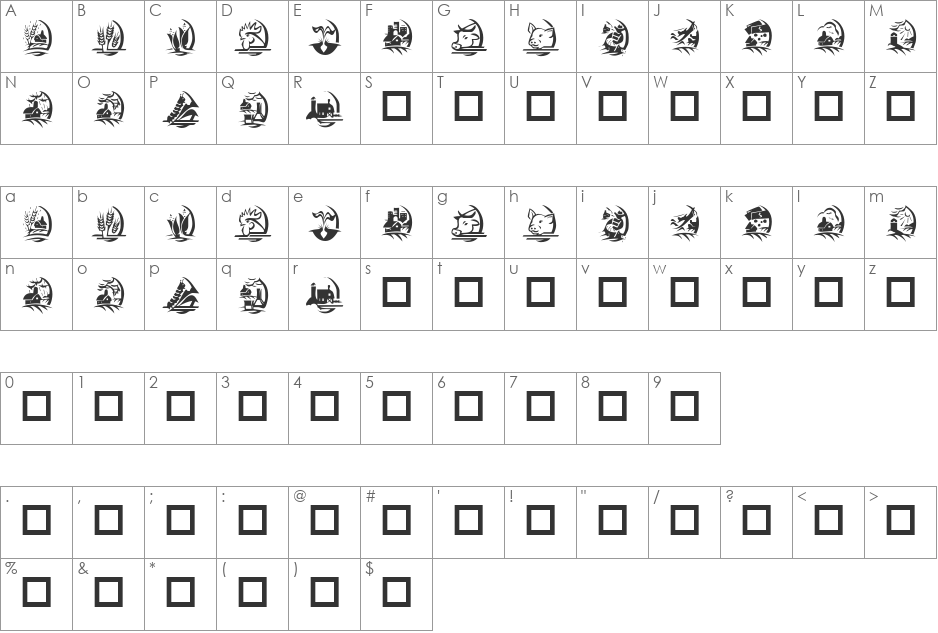 KR On The Farm font character map preview