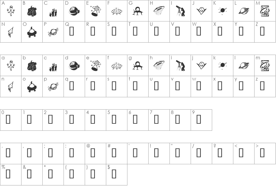 KR Out Of This World font character map preview