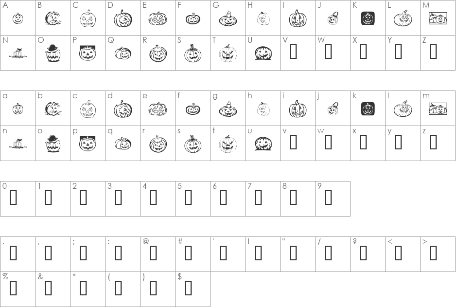 KR Pick A Pumpkin font character map preview