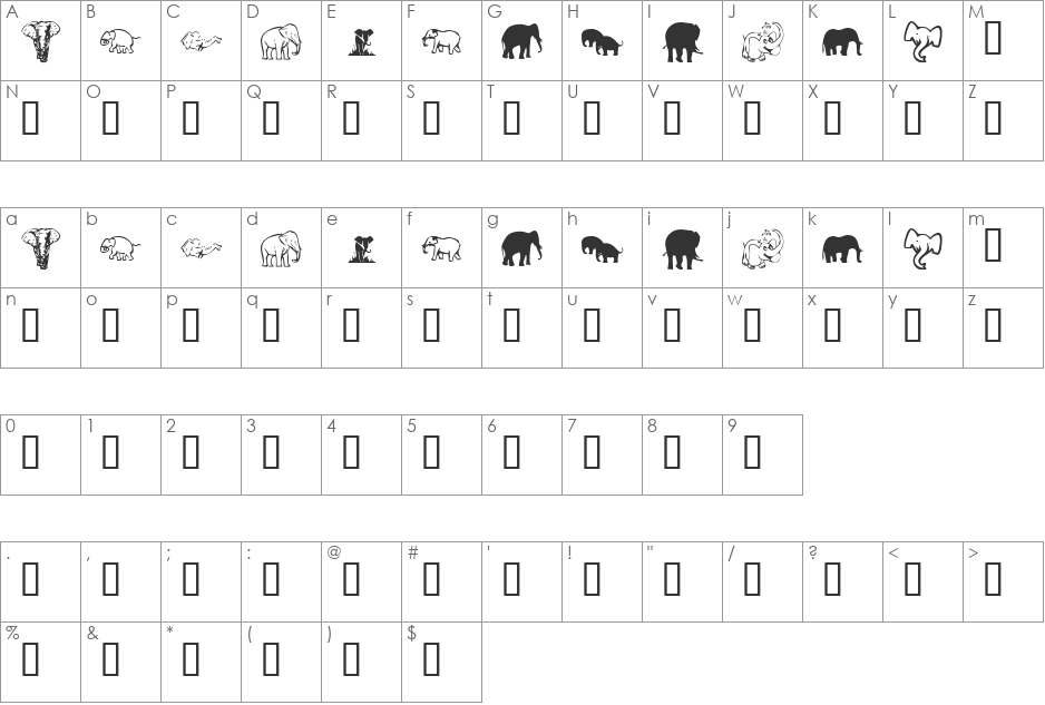 KR Rachel's Elephants font character map preview